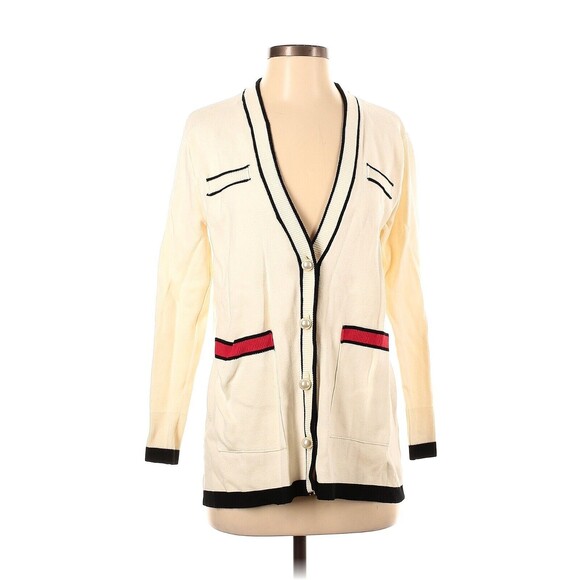 ZARA Color Block Ivory Black Red Pearl Button Cardigan - S - Picture 1 of 2